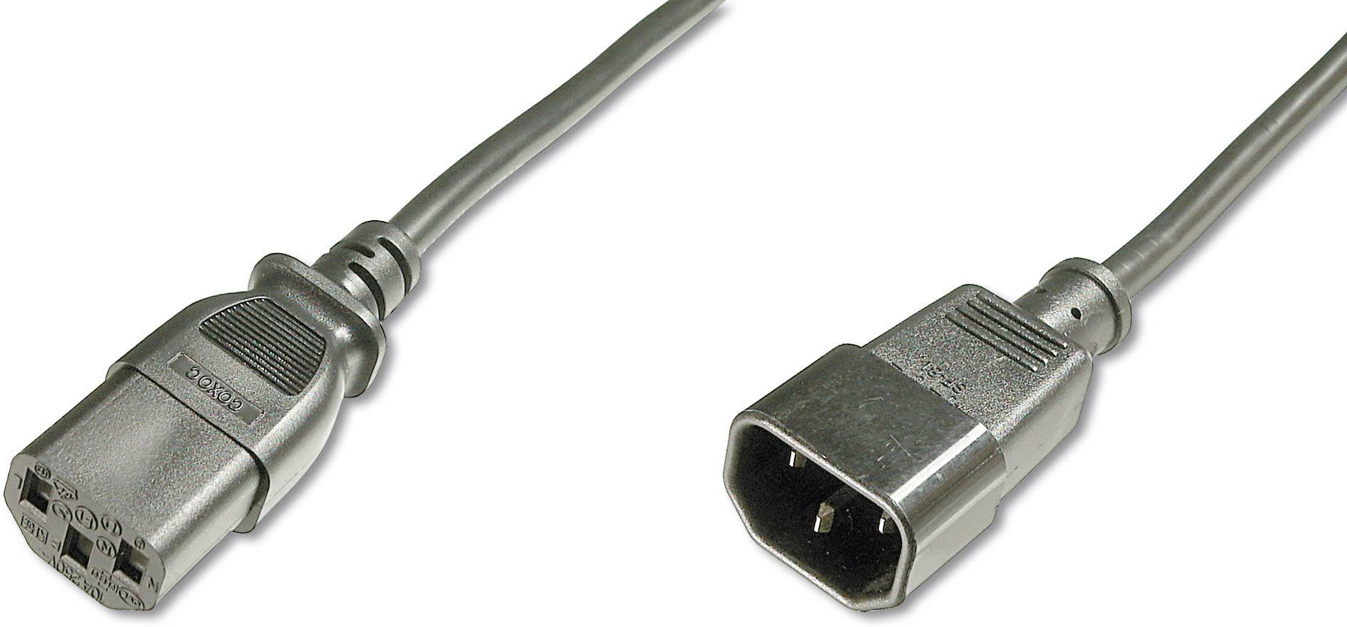 Un cavo di alimentazione con spina IEC C13 a sinistra e spina IEC C14 a destra, comunemente utilizzato per l'alimentazione elettrica di dispositivi come computer e server.