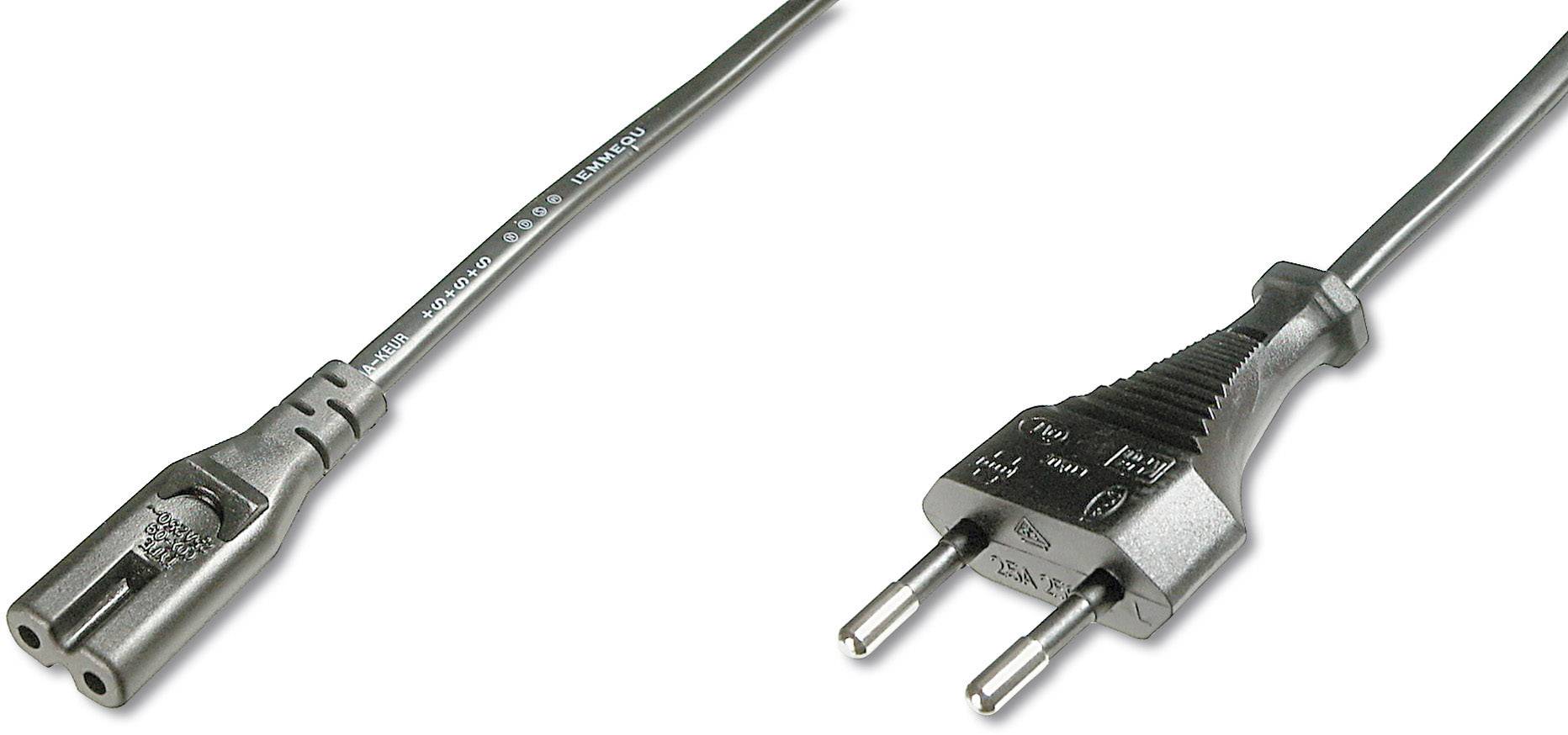 Spina europea e cavo di alimentazione con due pin, collegati da un cavo; comunemente utilizzati per apparecchi elettrici.