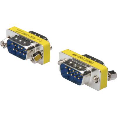Due mini adattatori di genere gialli per porte RS-232. Entrambi gli adattatori hanno connettori blu con pin maschi.