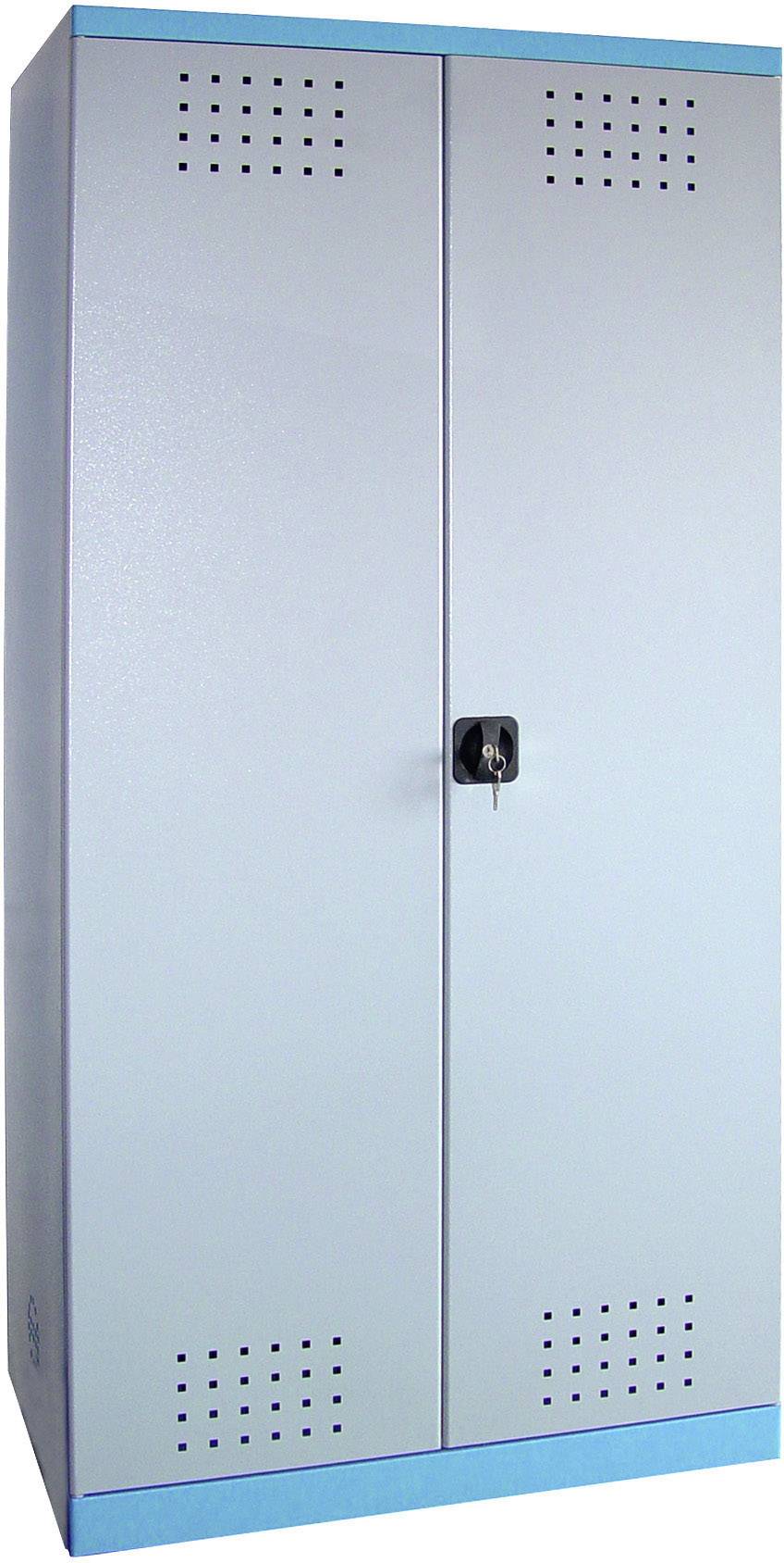 Armadietto metallico con ante chiudibili e feritoie di aerazione, idoneo per lo stoccaggio in officine o spogliatoi.