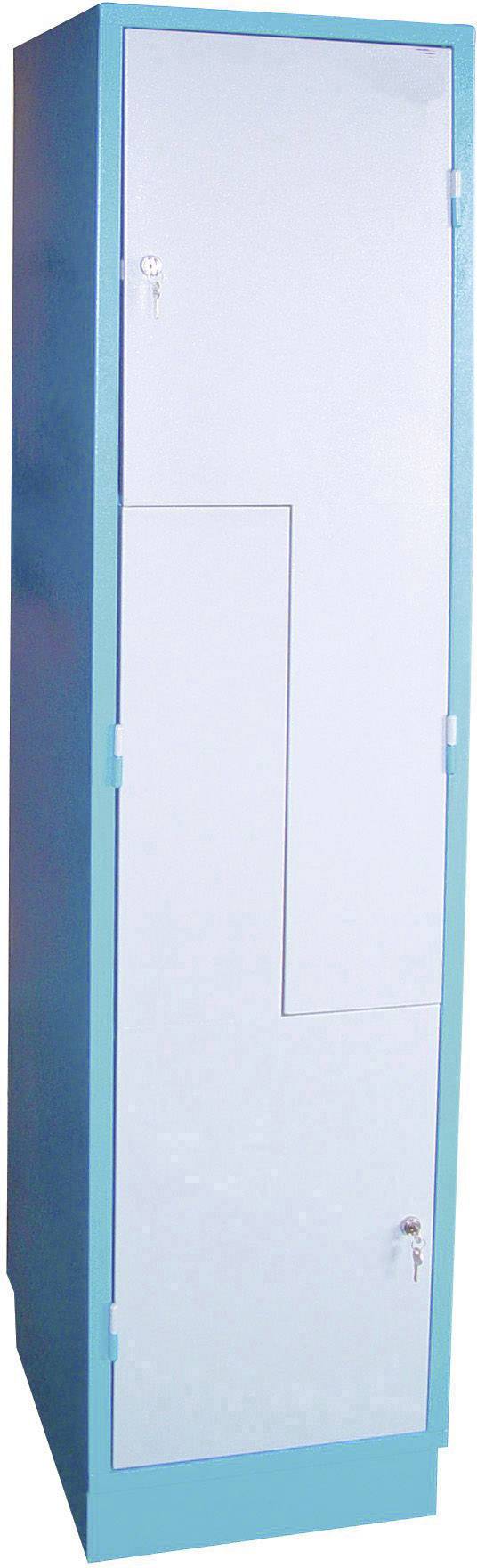 Armadio metallico con due ante, con cornice blu. Entrambe le ante sono chiuse e hanno serrature separate.