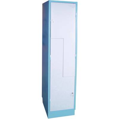 Armadio metallico con due ante, con cornice blu. Entrambe le ante sono chiuse e hanno serrature separate.