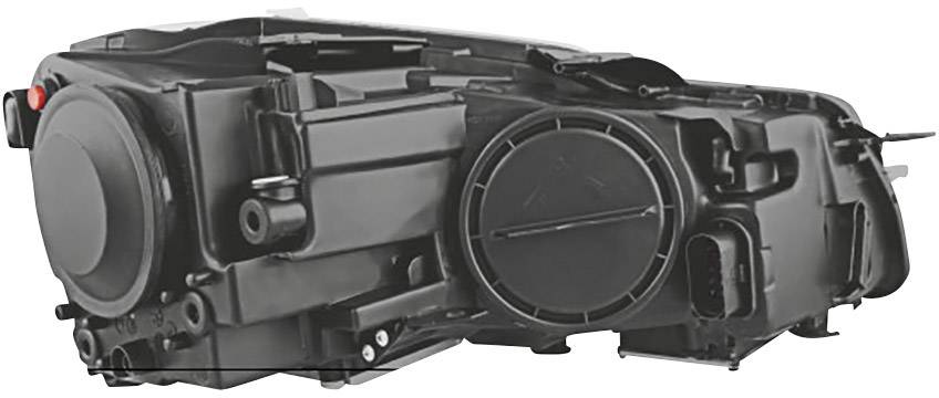 Un componente nero per auto, probabilmente un alloggiamento del faro, con diversi attacchi e supporti rotondi e rettangolari.