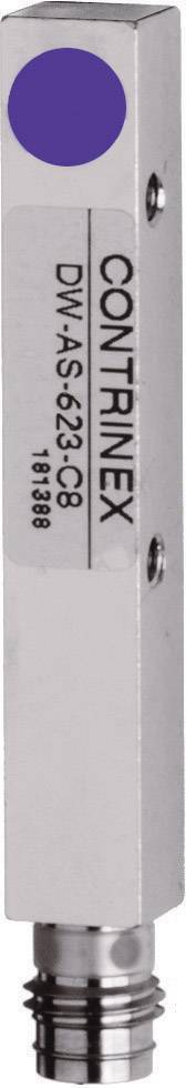 Un sensore cilindrico di metallo argentato con punta blu, etichettato 'Contrinex DMS-622-C8', utilizzato per misurazioni precise.