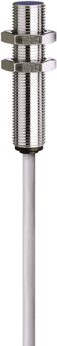 Un sensore cilindrico in metallo con due dadi e un cavo, tipico per applicazioni industriali.