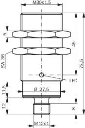 Disegno tecnico di un componente cilindrico con filettature 'M30x1,5', 'M12x1'. Dimensioni di dettaglio e posizione del 'LED' sono indicate.