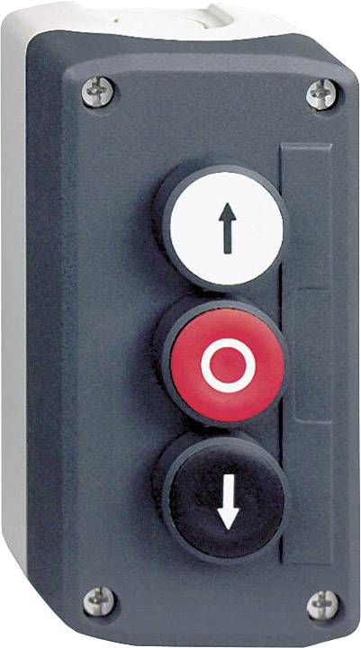Un pannello di controllo grigio con tre pulsanti: in alto bianco con freccia verso l'alto, al centro rosso con cerchio, in basso nero con freccia verso il basso.