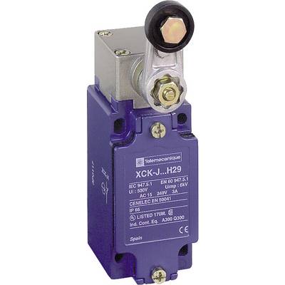 Interruttore di fine corsa blu con leva di azionamento nera, modello XCK-J, idoneo per applicazioni industriali, classe di protezione IP66.