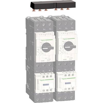 Set di dispositivi 'Schneider Electric': Due dispositivi di commutazione grigi sovrapposti, con interruttori e connessioni. La sezione superiore mostra un collegamento nero.
