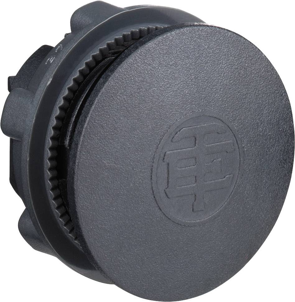 Tappo di plastica nero, rotondo, con bordo zigrinato e simbolo al centro. Utilizzato per sigillare o coprire.