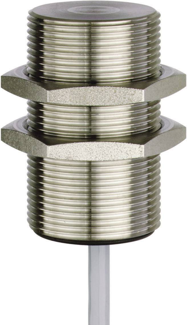 Sensore cilindrico metallico filettato, con due dadi e cavo, utilizzato per il rilevamento di oggetti in applicazioni industriali.