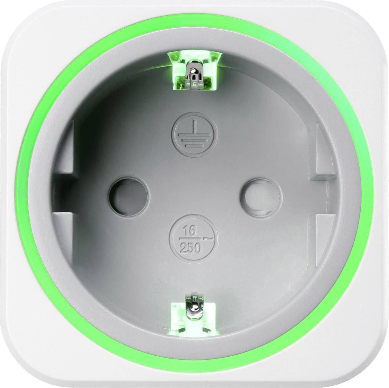 Presa elettrica con anello luminoso verde che indica lo stato di attesa. È rotonda e ha intagli per un'uscita Schuko.