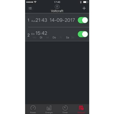 Schermata della pianificazione di un'app Voltcraft mostra due timer attivi: il primo si spegne alle 21:43 del 14-09-2017, il secondo si accende alle 15:42.