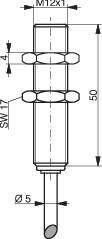 Disegno tecnico di un bullone: Filettatura M12x1, lunghezza 50 mm, diametro 5 mm, larghezza chiave SW17, incisioni ad anello a 4 mm.