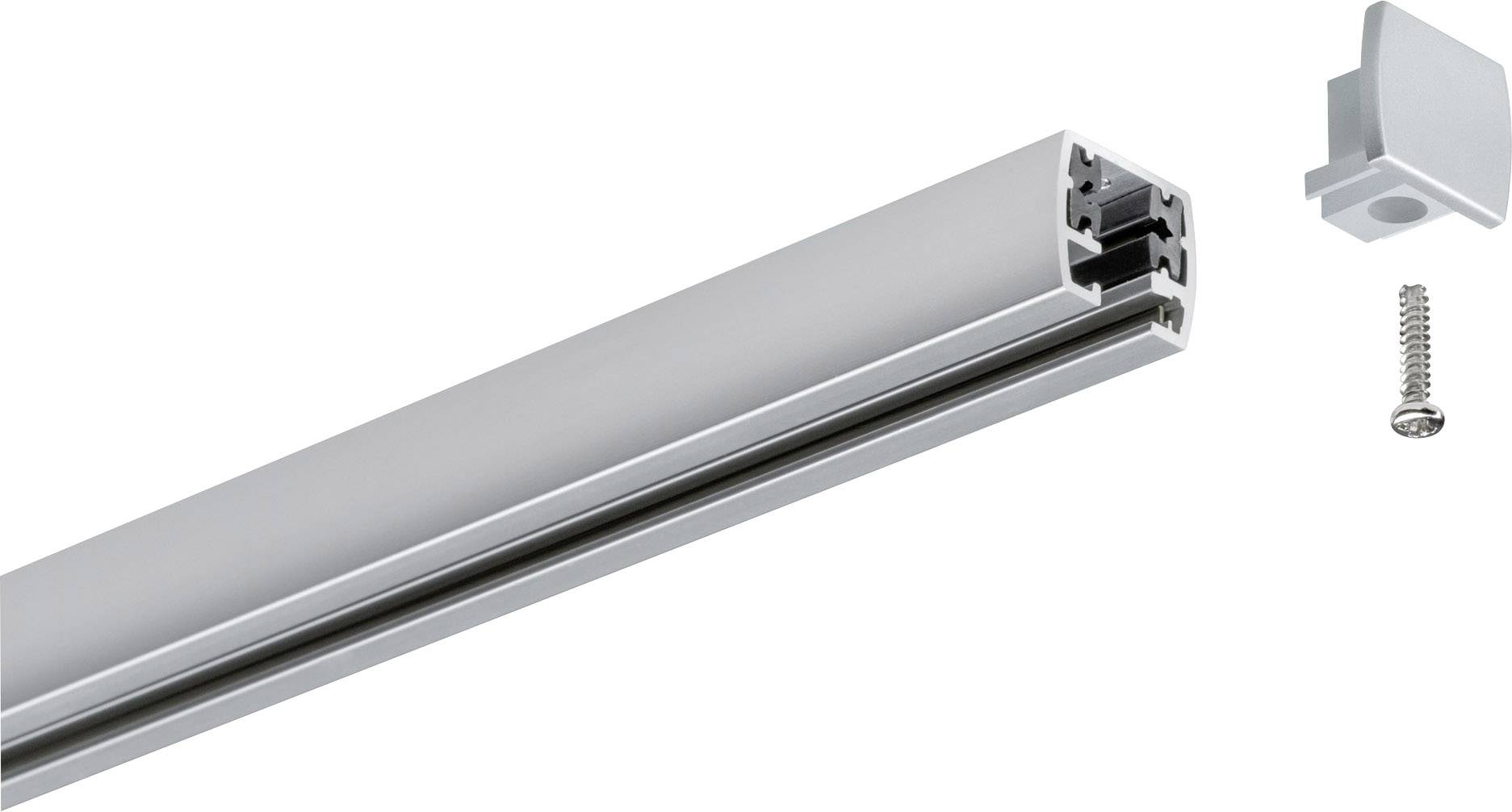 Profilo in alluminio per strisce LED, colore argento, con tappo di chiusura e vite per l'installazione. Idoneo per il montaggio a soffitto.