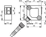 Disegno tecnico di un involucro rettangolare per sensore con dimensioni, angolazioni e dettagli di montaggio. Mostra l'involucro e il collegamento del cavo.