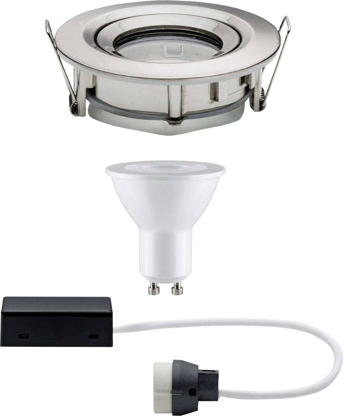 Set di faretti da incasso con portalampada, lampada LED con attacco a spillo e scatola di connessione. Ideale per un'illuminazione a soffitto nascosta ed energeticamente efficiente.