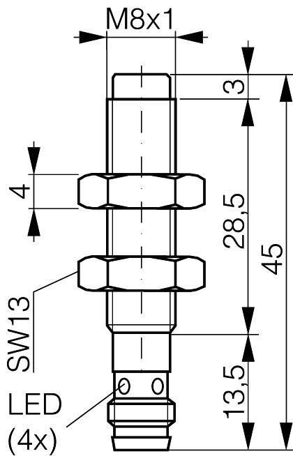 Disegno tecnico di un sensore con filettatura M8x1, lunghezza 45 mm, larghezza 13 mm, contrassegnato con 'LED (4x)'.