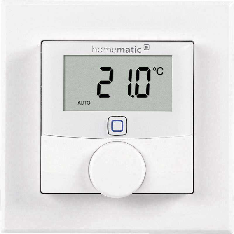 Termostato con display '21,0°C', sotto di esso un pulsante e una manopola di regolazione. Marchio 'homematic IP' impresso.