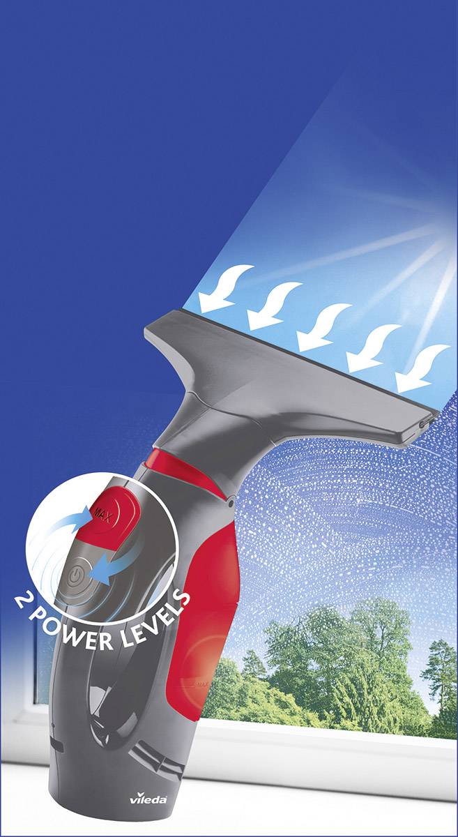 Detergente per finestre maneggevole in azione, mostra l'effetto aspirante su una finestra soleggiata con paesaggio sullo sfondo, con due livelli di potenza.