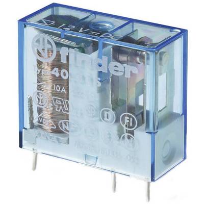 'Relè Finder 40.31, 12 V, 10 A, 4 pin. Involucro trasparente che mostra la bobina di rame e i contatti. Utilizzato in circuiti elettronici.'