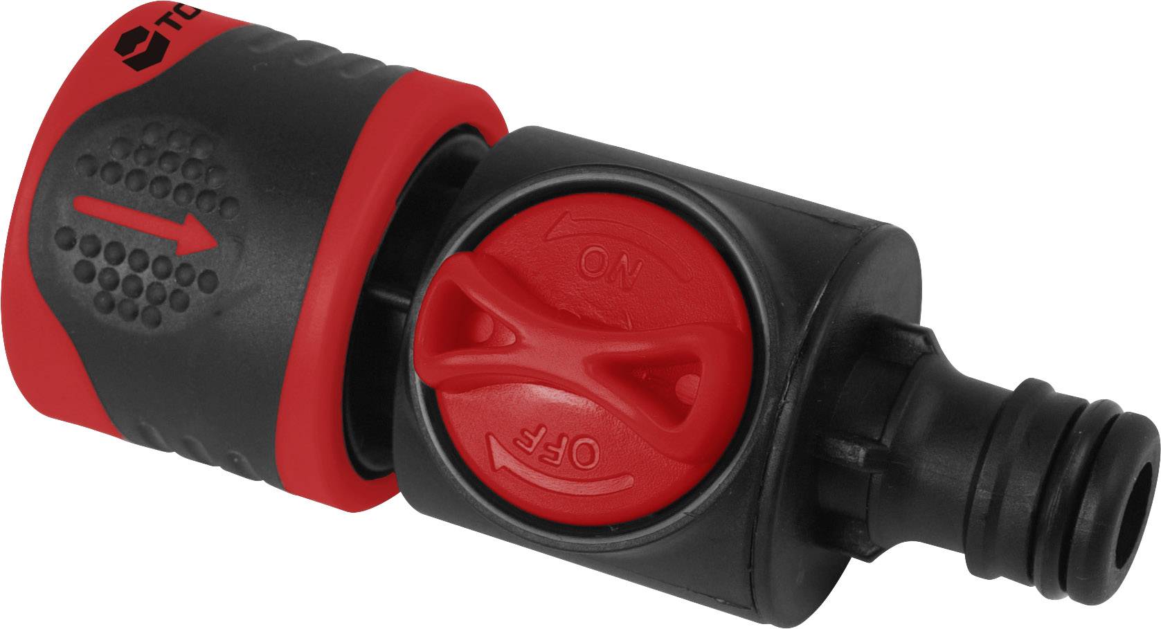 Un raccordo flessibile nero e rosso con valvola rotativa per il controllo del flusso d'acqua.