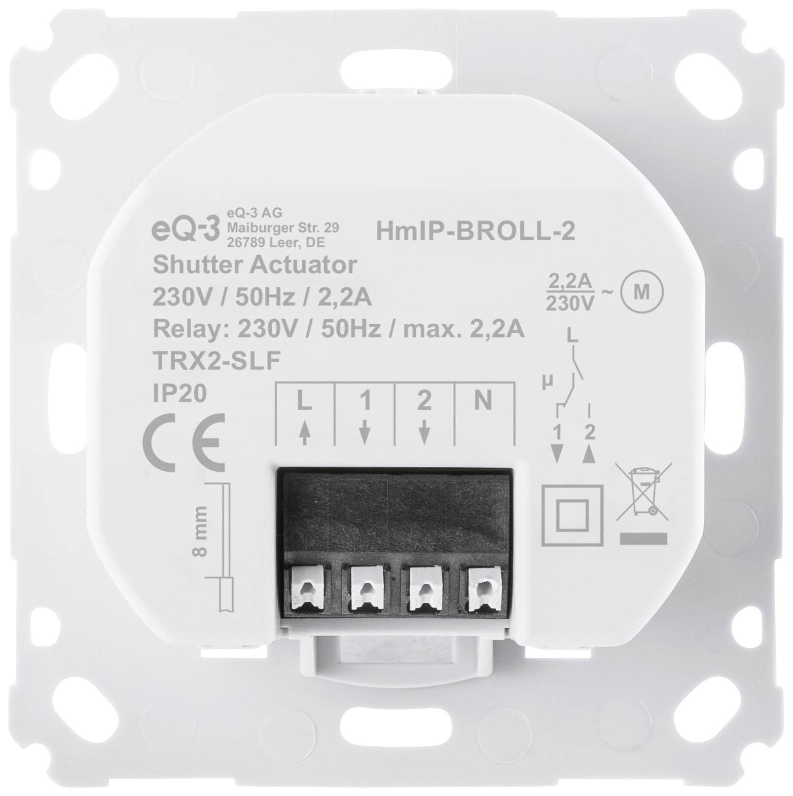 Figura di un attuatore per tapparelle eQ-3 HmIP-BROLL-2 con specifiche tecniche, inclusi tensione e informazioni sui relè.
