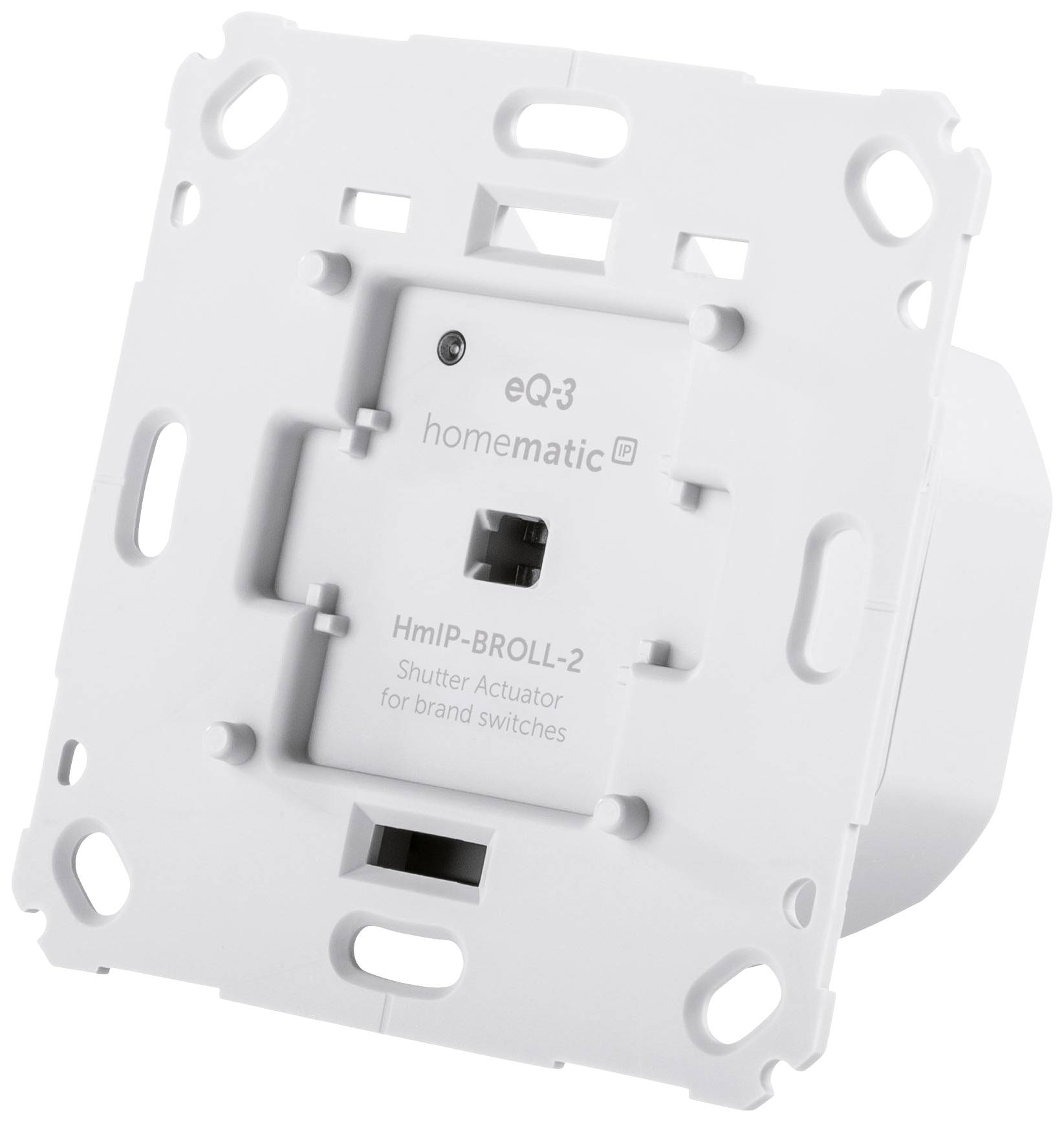 Involucro bianco rettangolare di un attuatore Shutter di 'Homematic' per il controllo delle tapparelle. Compatibile con cornici per marca, modello HmIP-BROLL-2.