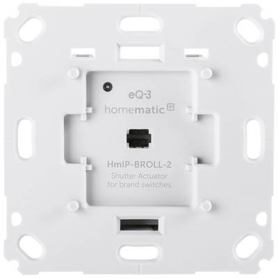 Un attuatore per tapparelle da incasso bianco di Homematic IP, modello HmIP-BROLL-2, idoneo per interruttori di marca, con fessure di montaggio.