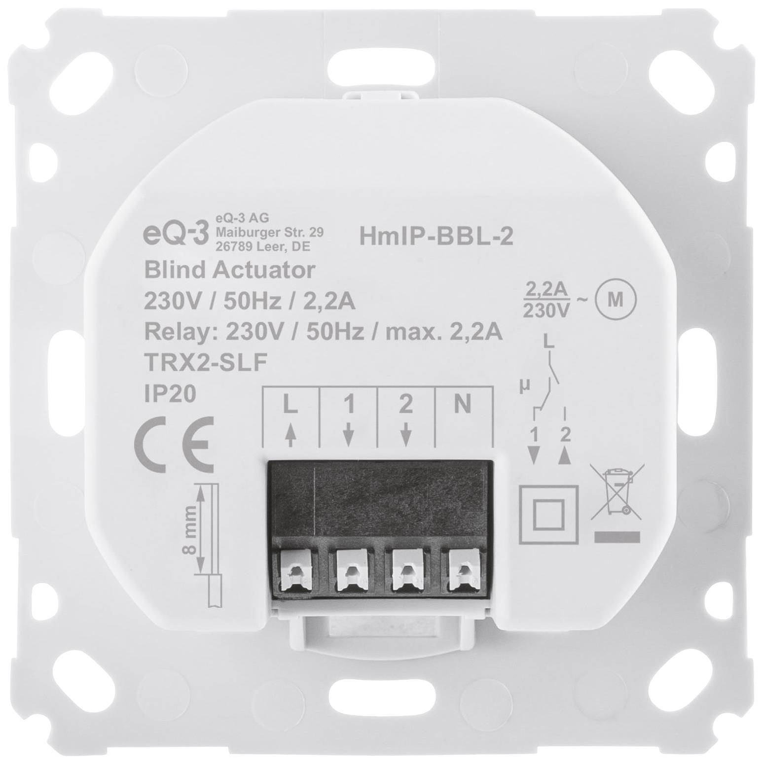 Modulo elettronico con etichetta 'HmiP-BBL-2 Blind Actuator', specifiche tecniche e morsetti di connessione.
