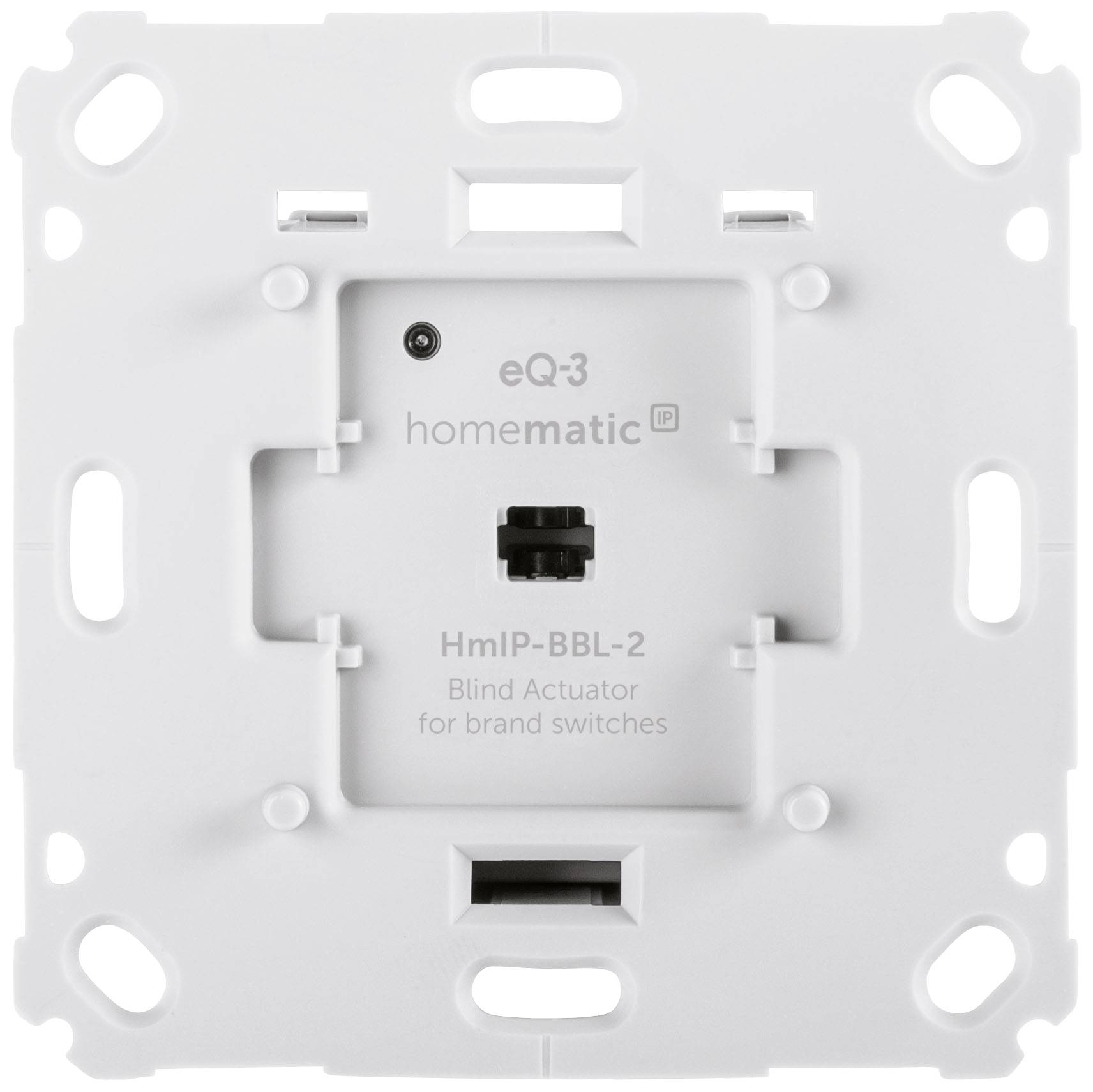 Attuatore Homematic IP bianco per tapparelle per interruttori di marca, modello HmIP-BBL-2, utilizzato per il controllo delle tapparelle attraverso un sistema Smart Home.