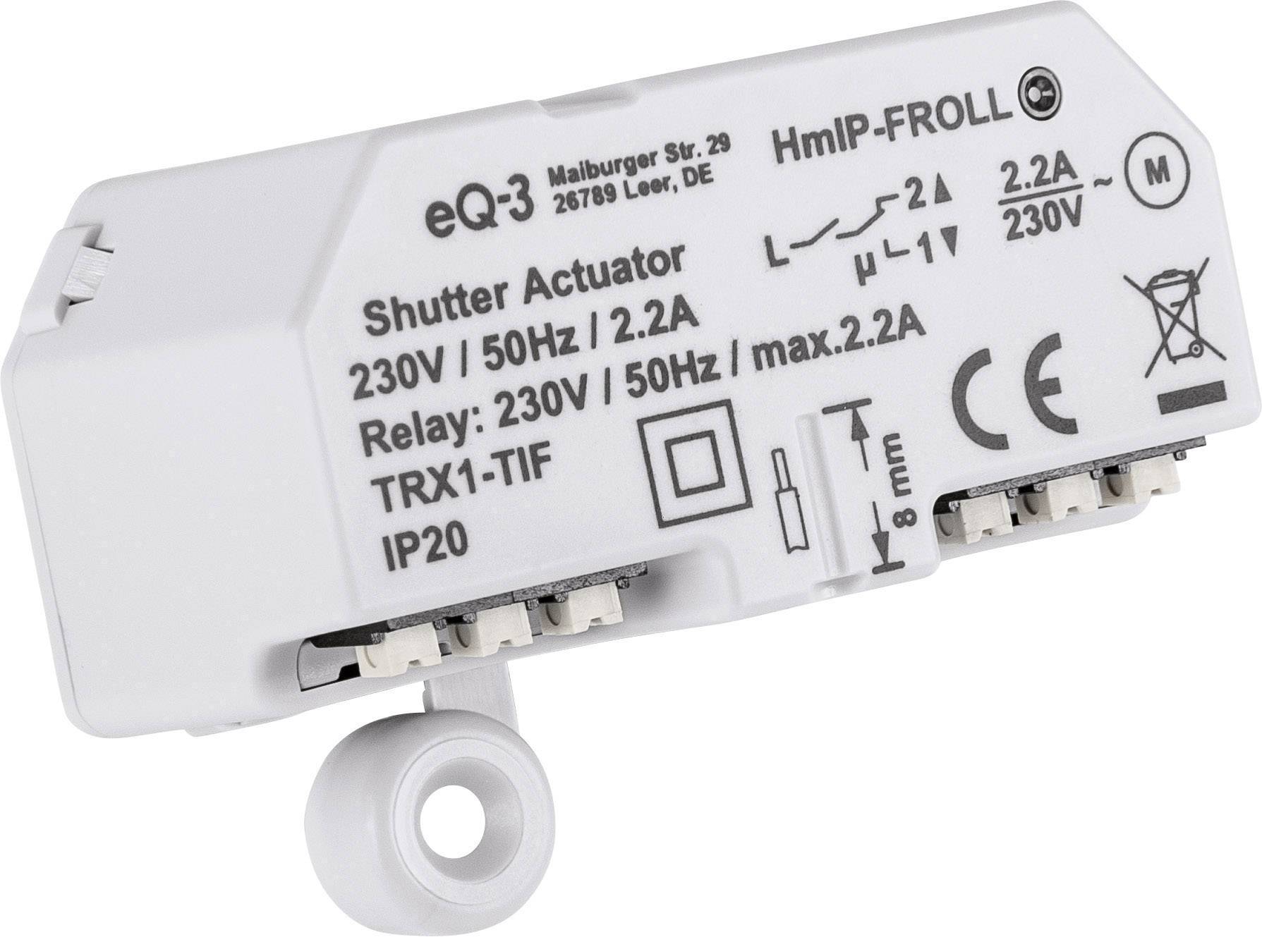 Un attuatore per tapparelle bianco con specifiche tecniche: 230V, 50Hz, 2,2A. Il logo del marchio e i simboli sono visibili.