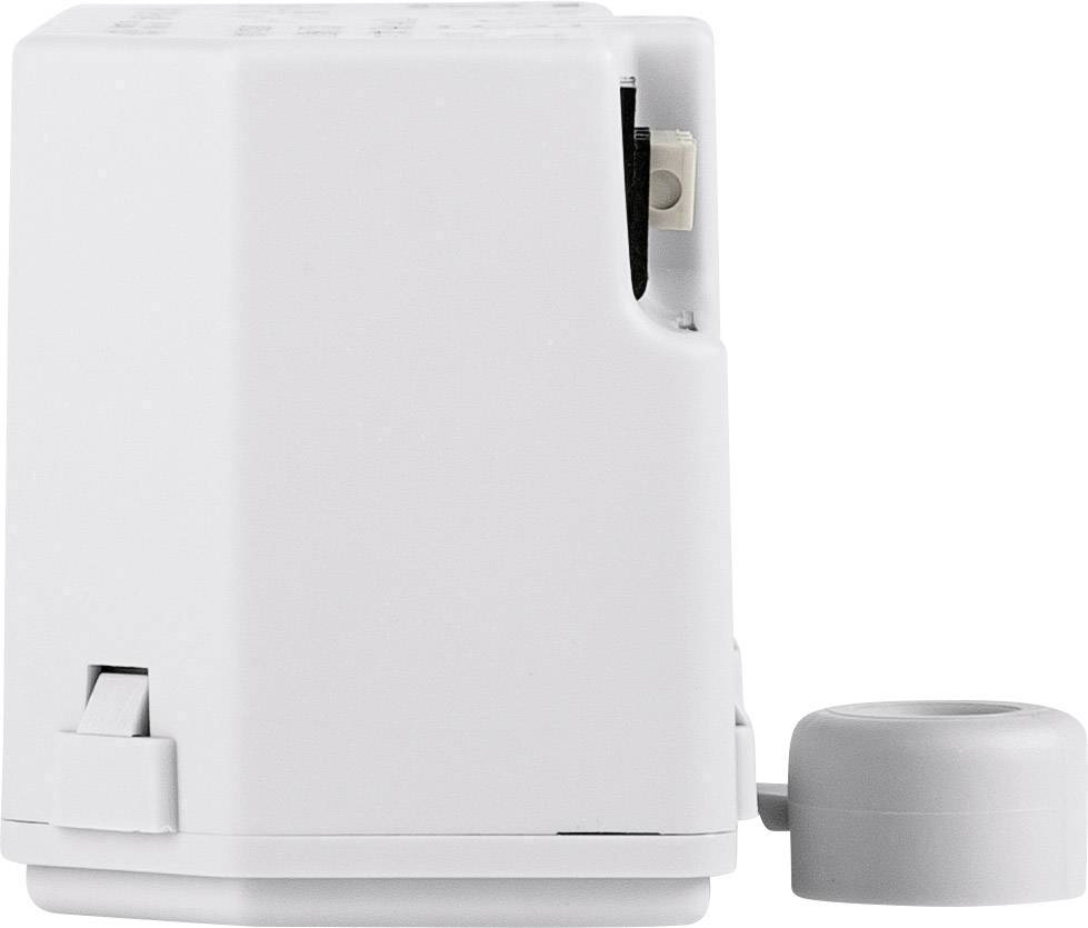 Un temperamatite elettrico bianco con un contenitore rimovibile sul lato sinistro dell'apparecchio. La parte anteriore non è visibile.