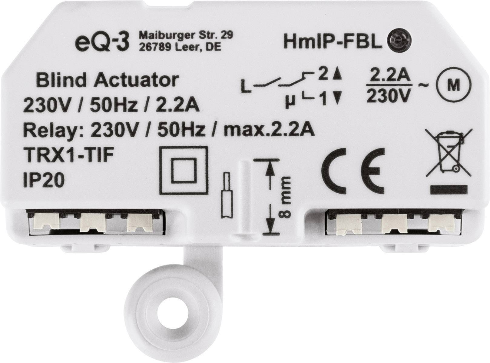 Attuatore 'Blind Actuator' per il controllo di veneziane, 230V/50Hz, con simboli tecnici e specifiche su involucro bianco.