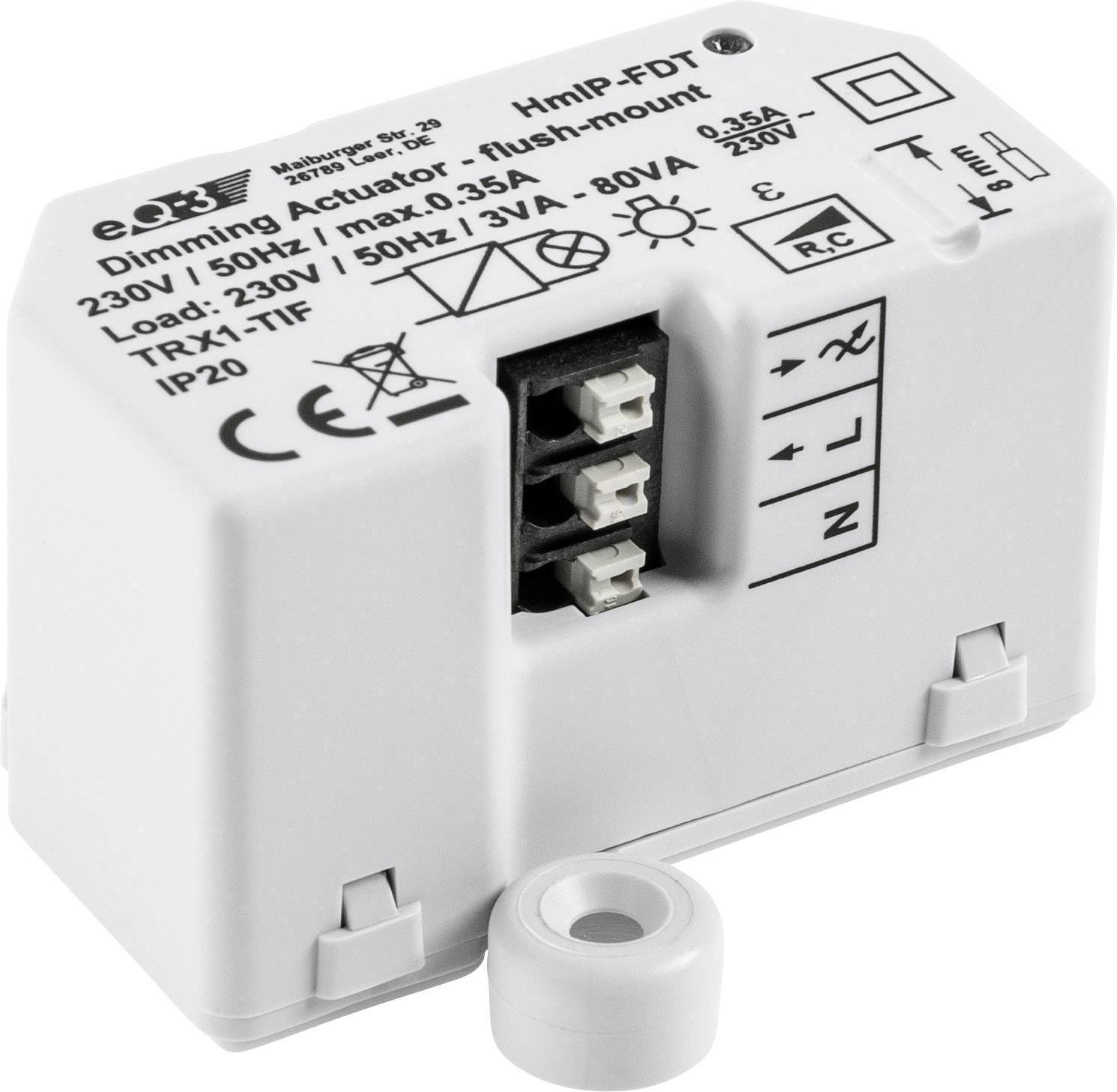 Un attuatore dimmer HmIP-FDT bianco con diversi attacchi cavo e marcature tecniche. Adatto per 230V, 50Hz, max. 80VA.