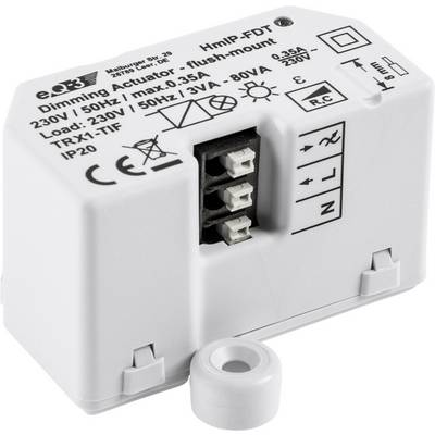 Un attuatore dimmer HmIP-FDT bianco con diversi attacchi cavo e marcature tecniche. Adatto per 230V, 50Hz, max. 80VA.