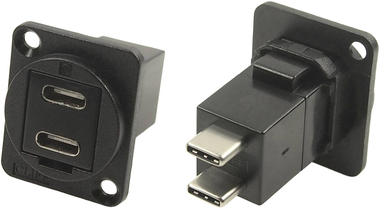 Due adattatori USB-C neri in forma rettangolare, idonei per il montaggio a pannello. Consentono connessioni USB-C attraverso una parete o una superficie.