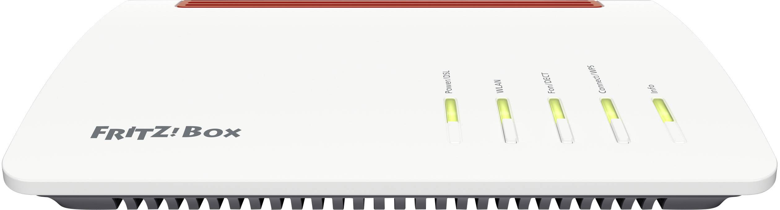 Un router con la scritta 'FRITZ!Box'. Quattro indicatori di stato illuminati per Alimentazione/DSL, WLAN, Fon/DECT e Connessione/WPS.