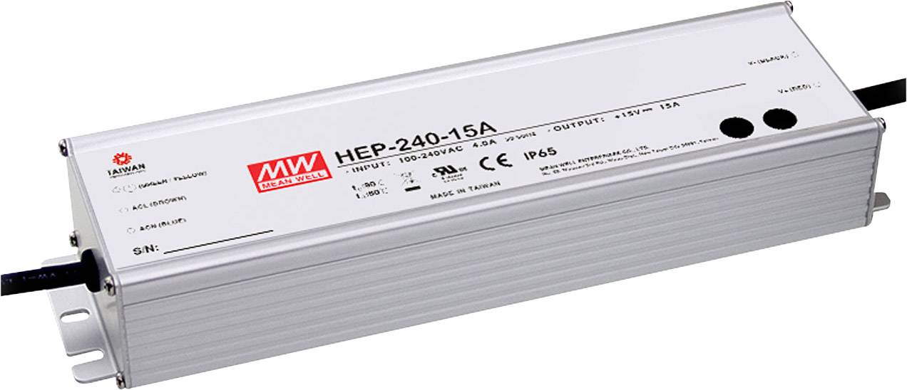 Un alimentatore LED argentato e rettangolare con la scritta 'HEP-240-15A' sulla parte superiore, adatto per uso esterno, IP65.