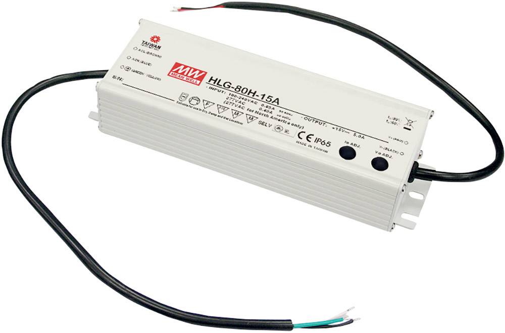 Un alloggiamento rettangolare per alimentatore con la scritta 'HLG-80H-15A' di MW Energy, dotato di connessioni per cavi e simboli di specifiche tecniche.