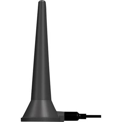 Un'antenna esterna nera con base stabile e connessione via cavo, idonea per potenziare i segnali radio.