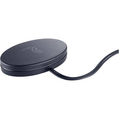 Un lettore RFID ovale nero con un lungo cavo di connessione. Progettato per il rilevamento di chip RFID per il controllo degli accessi o l'identificazione.