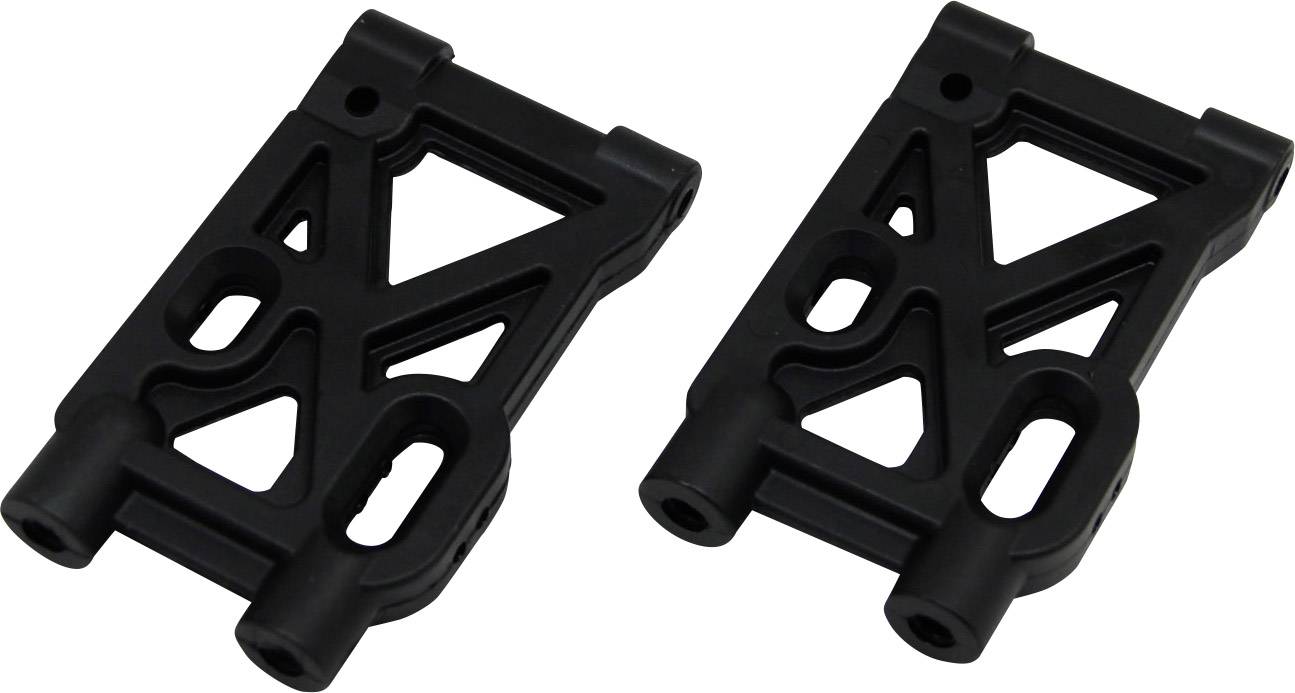 Due componenti in plastica nera con tagli geometrici, probabilmente parti di un kit di modellismo o di un veicolo radiocomandato.