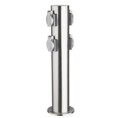 Colonna di alimentazione in acciaio inox con quattro prese elettriche, adatta per l'uso esterno. Ideale per giardino o terrazza per l'alimentazione elettrica.