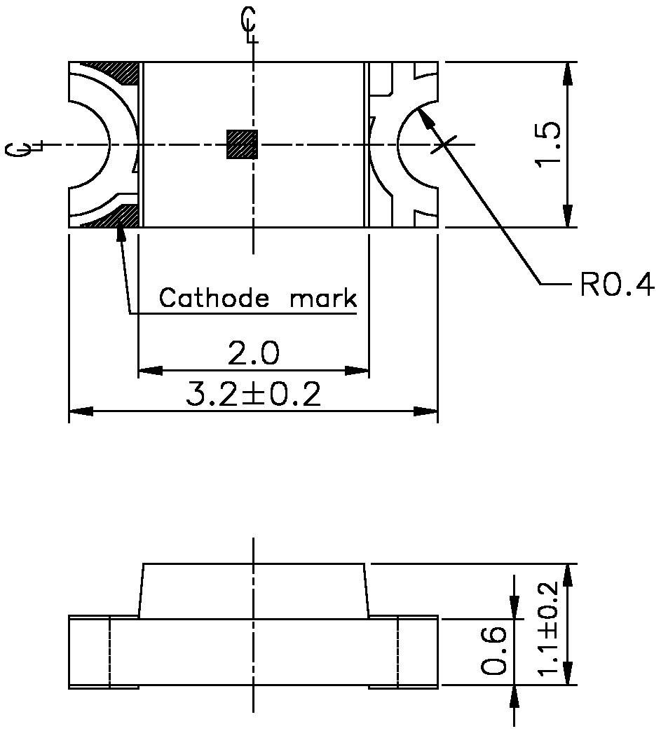Disegno tecnico di un componente con dimensioni: larghezza 2,0 mm, altezza 1,1 mm, lunghezza 3,2 mm. Marcatura per il catodo indicata.