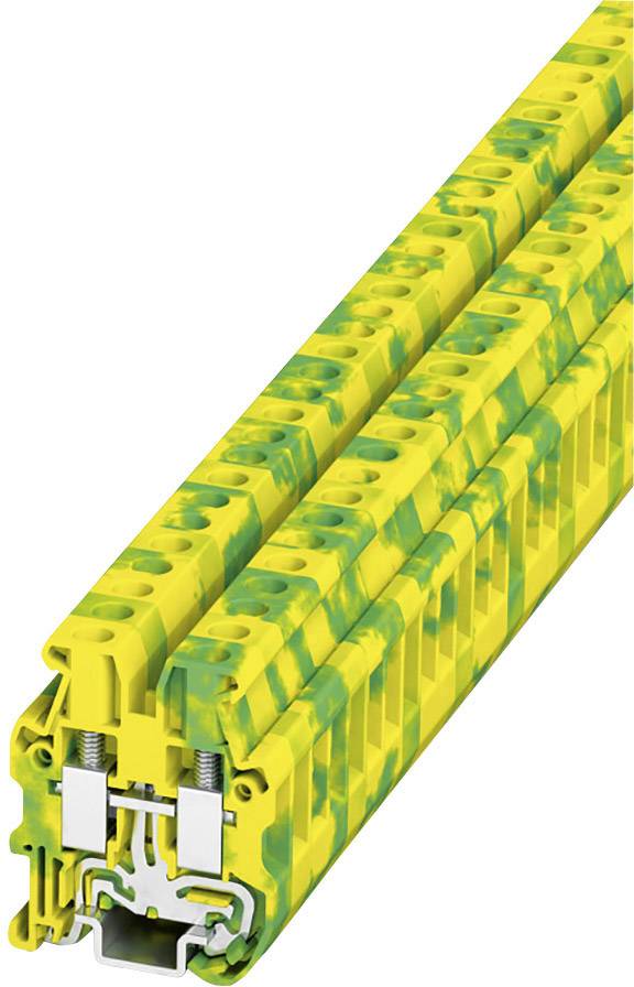 Blocchi terminali giallo-verdi impilati, realizzati in materiale isolante, con connessioni metalliche visibili all'interno.