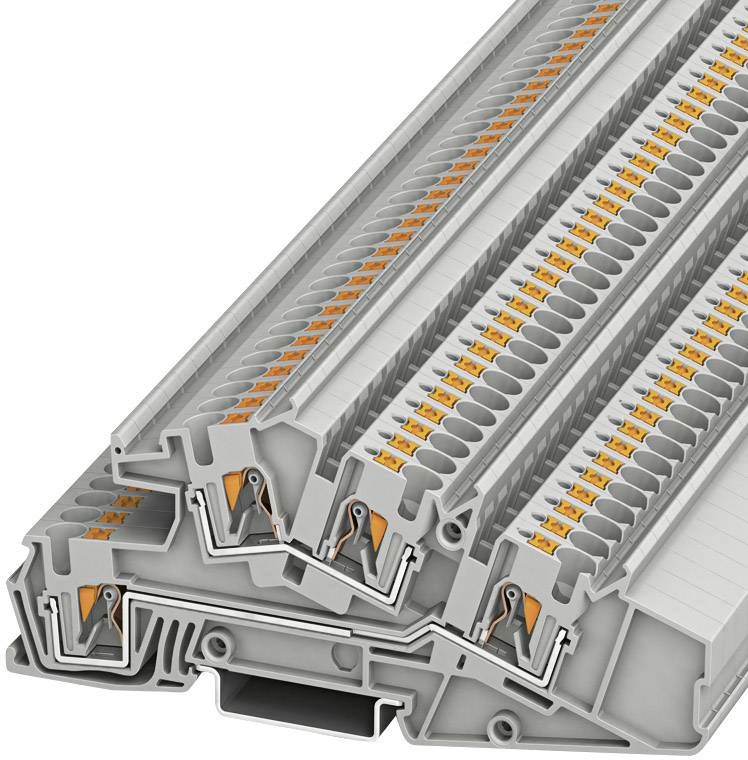 Un gruppo di morsetti modulari grigi con elementi arancioni in primo piano, utilizzati per connessioni elettriche.