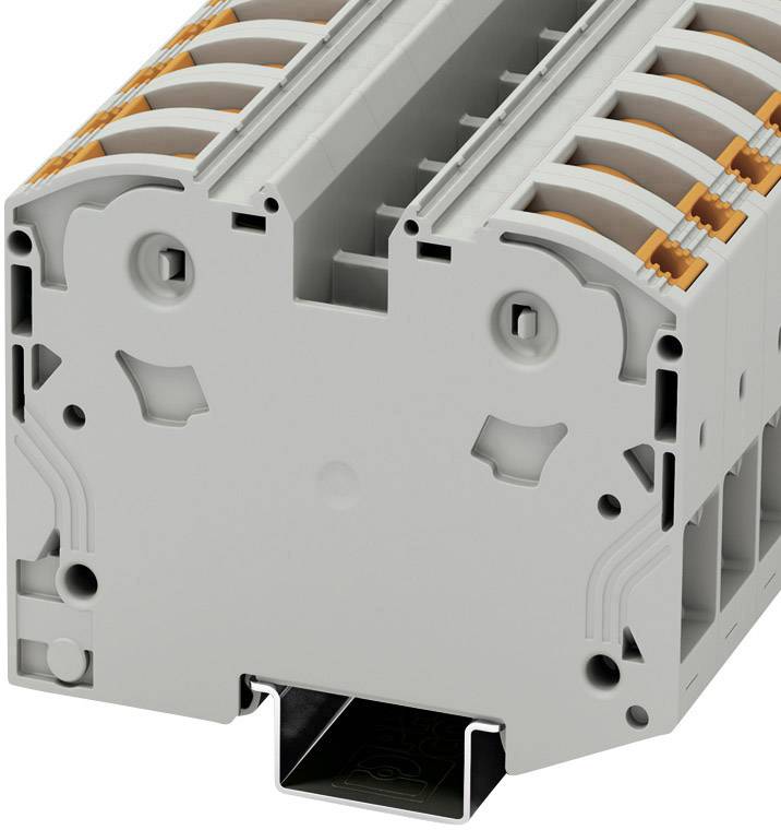 Modulo terminale a schiera duplex grigio-arancione con più punti di connessione, idoneo per applicazioni elettriche industriali.