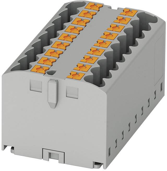 'Modulo di connessione elettrico grigio con morsetti arancioni in alto; utilizzato per l'organizzazione e il collegamento dei cavi all'interno dei quadri elettrici.'