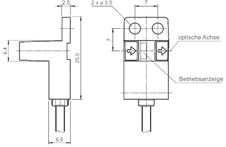 Disegno tecnico di un componente rettangolare con quote dettagliate; sono contrassegnati l'asse ottico e l'indicatore di funzionamento.